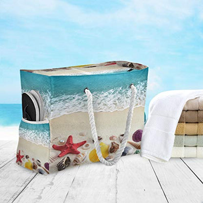 senya Large Beach Bags Totes Canvas Tote Shoulder Bag Soft Wave Water Resistant Bags for Gym Travel Daily Ocean - color: Sea Shells on Beach