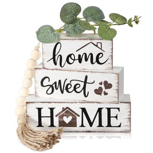 5 Pcs Farmhouse Wooden Table Decor Rustic Tiered Tray Decor Neutral Block Sign Centerpiece with Bead Garland Faux Eucalyptus Leaves for Home Sweet Kitchen Entryway Living Room Shelves