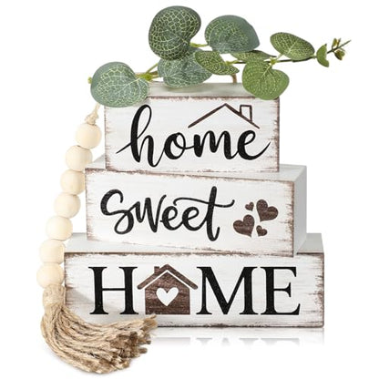 5 Pcs Farmhouse Wooden Table Decor Rustic Tiered Tray Decor Neutral Block Sign Centerpiece with Bead Garland Faux Eucalyptus Leaves for Home Sweet Kitchen Entryway Living Room Shelves