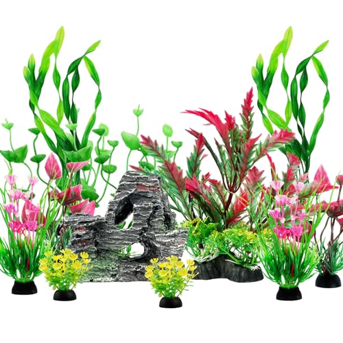Fish Tank Accessories Aquarium Plants, 12pcs Colorful Fish Tank Artificial Plants and Cave Rock Decor Set, Aquarium Decorations Plants