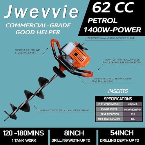 62cc Post Hole Digger, Gas Powered Post Hole Digger, Earth Auger Digger with 3 Drill Bit 3" & 5" & 8" and 3 Extension Rods 24" 24" 24" for Planting Fence Farmland Garden & Plant, 1400W - size: 62cc