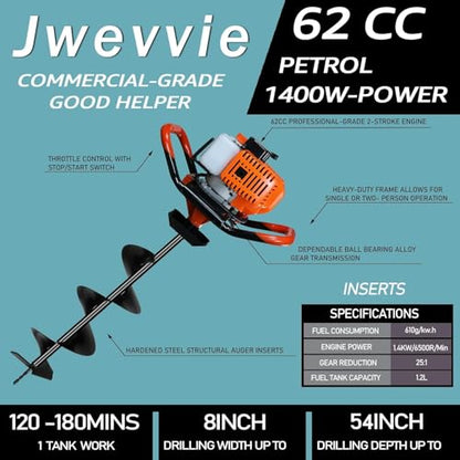 62cc Post Hole Digger, Gas Powered Post Hole Digger, Earth Auger Digger with 3 Drill Bit 3" & 5" & 8" and 3 Extension Rods 24" 24" 24" for Planting Fence Farmland Garden & Plant, 1400W - size: 62cc