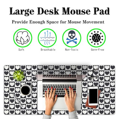 Gaming Mat Black and White XXL Mousepad Big Mouse Pad Office Desk Mat Full Desk Mouse Pads Waterproof Non-Slip Rubber Base 35.4 X 15.7 for Game Office, Tiny Hearts Chess Grid - color: Tiny Hearts Chess Grid