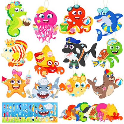 Frienda 48 Set Ocean Animal Make a Face Craft Kit DIY Hanging Decorations Large Sea Creature Cards with Stickers Gold Ribbon Summer Beach Party Favors Craft Activity Set Rewards Gift - style: Ocean Animal