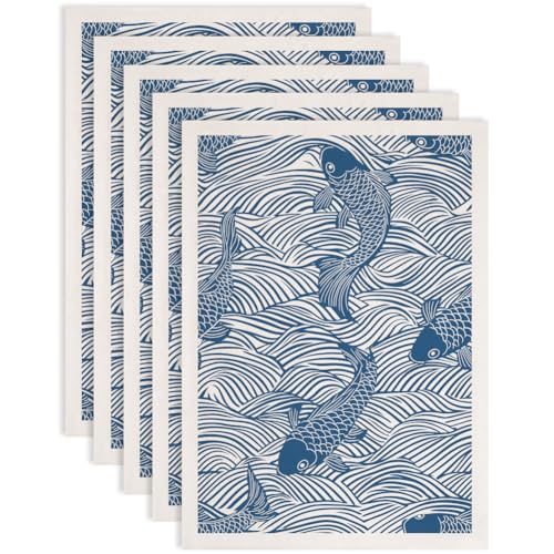 SUPERDANT 5PCS Fish and Waves Underglaze Paper Transfer Chinese Style Transfer Paper for Clay Ceramic Porcelain Under Glaze Transfers for Pottery Enamel Decals Blue Underglaze Papers Handcrafted Gifts - style: Fish and Waves