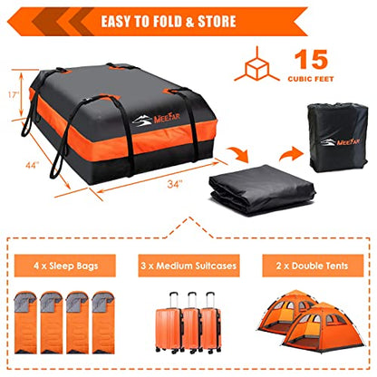 Car Roof Bag Rooftop Cargo Carrier Bag Waterproof 15 Cubic Feet roof Cargo | Soft Shell Luggage rack bag for All Vehicle with/Without Rack,Includes Anti-Slip Mat,8 Reinforced Straps,6 Door Hooks,Lock - size: 15 Cubic Feet