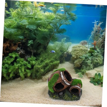 BESPORTBLE Broken Barrel Aquarium Decor Resin Fish Hiding House Betta Fish Cave Ornament with Moss Landscaping and Shrimp Aquarium Hideout