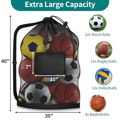 Hoiny Extra Large Soccer Ball Bag, 40"x30" Drawstring Heavy Duty Mesh Net