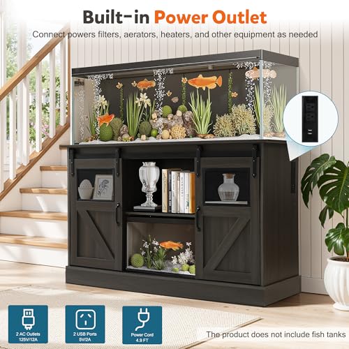 55-75 Gallon Large Fish Tank Stand with Power Outlet, Heavy Duty Aquarium Stand with Sliding Barn Doors, Turtle Reptile Terrarium Stand with Cabinet for Accessories Storage, 1300LBS (Gray)