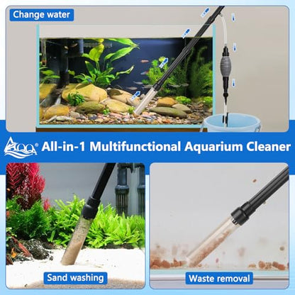 AQQA Gravel Vacuum for Aquarium Siphon - Adjustable Flow Fish Tank Cleaner with Handle, Manual Siphon Pump Water Changer Sand Rock Suction Cleaner, Upgraded Hard Hose with Threaded Connection (S) - size: S for tanks under 17" deep
