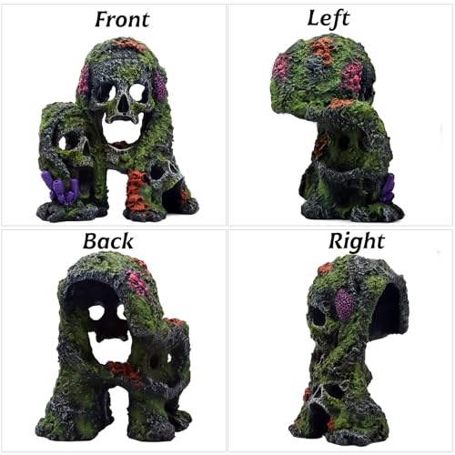 Betta Fish Tank Decorations Hideout - Triple Skull Hiding Cave for Aquarium, Resin Ornament with Artificial Moss Texture and Multiple Entrances for Shrimp, Small Fish - 7.3x4.9x6.1inch