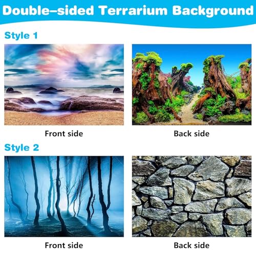 2 Pack Reptile Terrarium Background 32 x 20 inches Double-Sided Reptile Tank Background Polyester Reptile Habitat Decor with Tape Green Plants & Natural Rock Aquarium Decoration - size: S: 32" x 20"