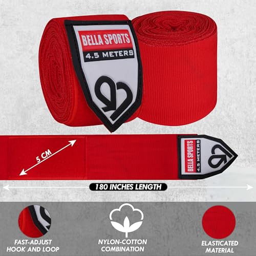 Bella Sports Boxing Hand Wraps Cotton Elastic Wrist Wraps for Men Women MMA Muay Thai Kickboxing Handwraps with Thumb Loop Hook and Loop Closure Training Support - color: Red