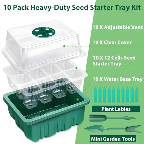 10 Pack Seed Starter Tray Kit, 120 Cells Seedling Starter Trays with Humidity Dome and Base Greenhouse Growing Trays, Reusable Seed Germination Seedling Tray with Garden Tools Labels (Green) - color: Green, size: 10 pack