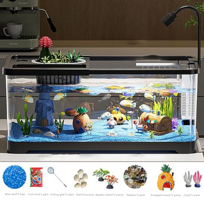 TaLcuS Acrylic Aquarium with LED Light, Rectangular Aquarium with Filter and Oxygen Supply, Gold Fish Tank Starter Kit, Clear Silent Aquarium(Black,52.7 * 29.3 * 28cm)