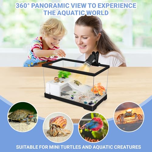 GOZILLA Mini Turtle Tank Kit with Adjustable Lamp, Upgrade PC Hermit Crab Tank,Small Turtle Starter Kit with Lid, Hideout Platform for Baby Turtles, Crabs, Fish.(11.8×7.24×7.1''/Black Kit) - color: Mini-Black02