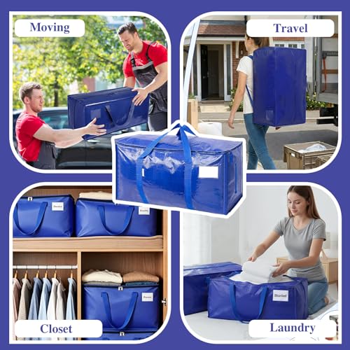 Extra Large Storage Bags, 23 Gallon Capacity, Waterproof Moving Totes with Handles and Label Pocket, Heavy Duty Zipper, Polypropylene Woven Fabric, Foldable Design (2 Pack Blue)