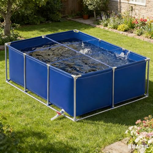 Foldable Canvas Fish Pond Tank, Above Ground Fish Pond Koi Goldfish Turtle Breeding Pool, Portable Indoor Outdoor Aquarium, Ornamental Water Storage Tank with Metal Frame & Drain Valve - size: 1.5x1.5x0.7m