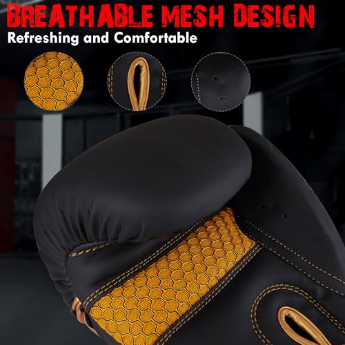 Bella Boxing Gloves - Pro Training & Sparring Gloves, Maya Hide Leather, Men Women Adult, Muay Thai MMA Kickboxing Workout, Heavy Punching Bag & Focus Mitts, Multi Layer Padding, Ventilated Palm - color: Golden, size: 8oz