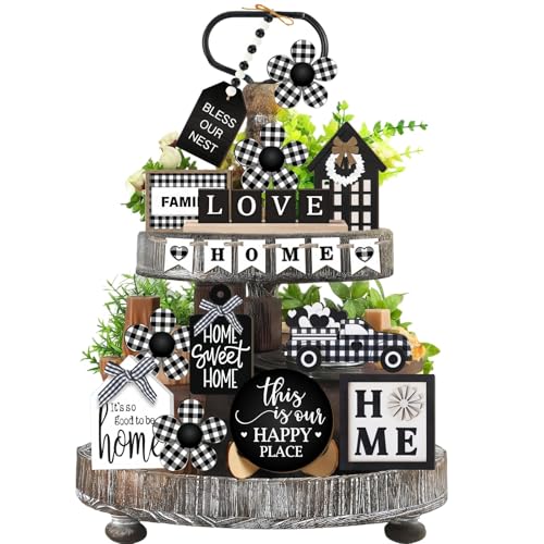 23Pcs Farmhouse Home Tiered Tray Decor Set - Rustic Wooden Tabletop Decorations with Vintage Country Style for Kitchen, Living Room, Shelf & Coffee Bar | All-Season Home Decor Accents(No Tray) - size: 4.8" x 3.8" x 1.8"