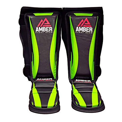 Ultimate Shield Muay Thai Shin & Instep Guards, 100% Hi-Tec Skintex Leather, High-Density Foam Padding, Three-Foot Straps, Rubber Traction Dots, Ideal for Kickboxing Training