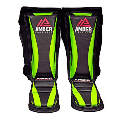 Ultimate Shield Muay Thai Shin & Instep Guards, 100% Hi-Tec Skintex Leather, High-Density Foam Padding, Three-Foot Straps, Rubber Traction Dots, Ideal for Kickboxing Training