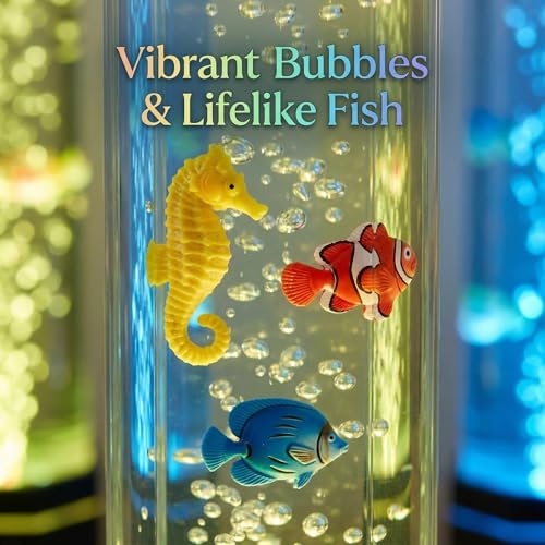 3.6FT Sensory Bubble Lamp, 9 Floating Fish, 16 Color LED | Remote control, 120mm extra-wide tube, 3-speed bubbles; for bedroom, living room, office and sensory room