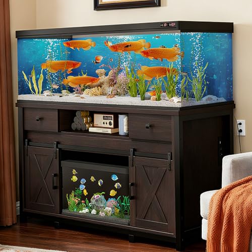 Farmhouse Fish Tank Stand w/Power Outlet – Heavy Duty Aquarium Cabinet, 800 lb Capacity, Adjustable Storage, Thickened MDF & Steel Frame, Sliding Barn Doors, (Dark Brown, 75-120 Gallon) - color: Dark Brown, size: 75-120 Gallon