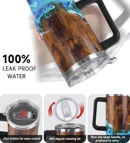 Fishing Tumbler Gifts for Papa Dad Husband Fisherman Fathers Day,Anniversary,Christmas,Birthday Fish Cup Coffee Travel Mug with Handle and Straw-40 oz Wood Grain Fishing(1PCS)