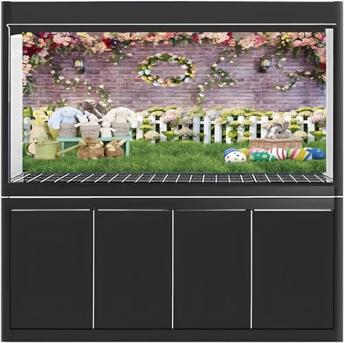 AWERT 48x24 inches Happy Easter Aquarium Background Spring Garden Flowers Fence Terrarium Background Easter Bunny Eggs Brick Wall Fish Tank Decorative Background Vinyl Background - size: 48x24in/120x60cm