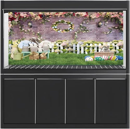 AWERT 60x24 inches Happy Easter Aquarium Background Spring Garden Flowers Fence Terrarium Background Easter Bunny Eggs Brick Wall Fish Tank Decorative Background Vinyl Background - size: 60x24in/150x60cm