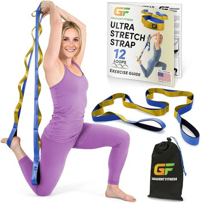Stretching Strap for Physical Therapy, 12 Multi-Loop Stretch Strap 1.5" W x 8' L, Neoprene Handles, Physical Therapy Equipment, Yoga Straps for Stretching, Leg Stretcher. - color: Blue/Gold