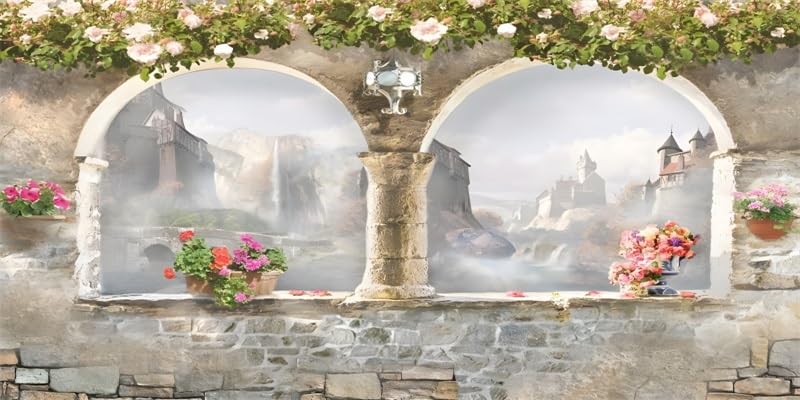 72x18inches Aquarium Background Old Retro Castle Window Flowers Backdrop Terrarium Background Reptile Habitat Fish Tank Decoration Vinyl Background - size: 72x18in