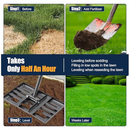 Professional Lawn Leveling Rake with 17x10in Heavy-Duty Stainless Steel Head & 72" Adjustable Handle - Grass Leveling Tool for Quick Soil Grading, Thatch Removal and Yard Maintenance - size: 17x10", 72"