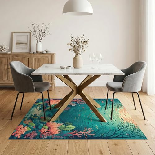 5'x7' Washable Beachy Fish Area Rug, Teal Non-Shedding Pet Friendly Carpet Easy Care Kids Safe Mat for Small Living Room, Playroom, Bedroom | Ref:2139107