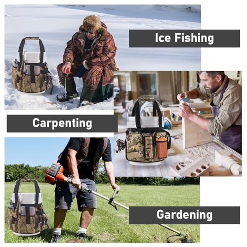 Dr.Fish 5 Gallon Bucket Tool Organizer - Adjustable Gear Bag with 6 Pockets and 2 Rod Holders for Ice Fishing Tackle Storage