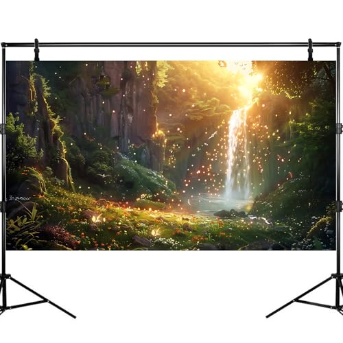 Fantasy Forest Aquarium Background Waterfall Cascades Tranquil Pool Fish Tank Background Enchanted Glade Vibrant Blooms Sunray Reptile Tank Backgrounds Fireflies Oasis Terrarium Backgrounds 48x24in - color: Golden Green, size: 48(W)x24(H)inches/ 120(W)*60