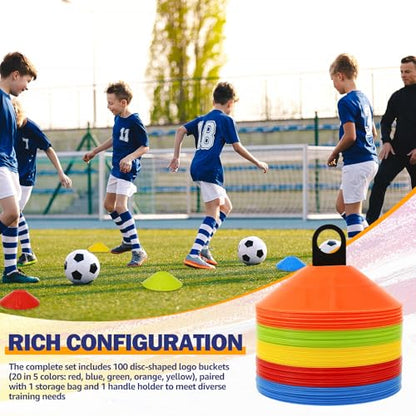 100Pcs Agility Disc Cones Set, 5 Colors Soccer Cones for Training Kids with Carry Bag and Stand, Slalom Cones for Basketball Football Running Drills Sports Games Skating