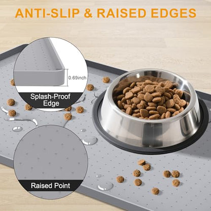 Pet Food Mat Waterproof Dog Mat 24”x16” Large – 0.5” inch Raised Edge,Pet Silicone Feeding Placemat Water Bowl Tray for Floors, Nonslip Washable Dog Mat for Food and Water