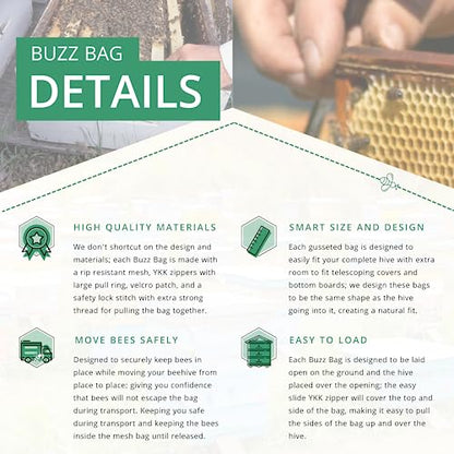 The Mesh Bag Designed for Beekeepers to Move Bees Safely and Securely with High Strength Mesh, YKK Zipper and Safety Lock Stiching - Double Box - size: Buzz Bag Double
