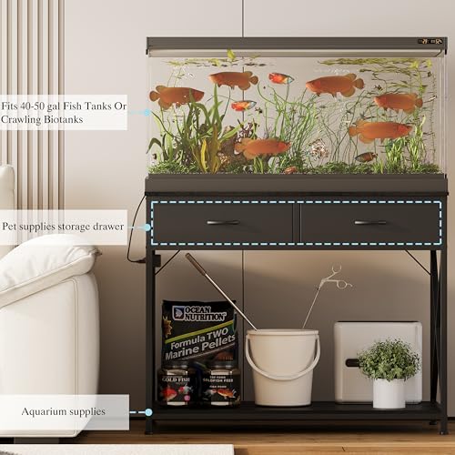 40-50 Gallon Fish Tank Stand，Aquarium Holder with Power Outlet and 2 Drawers，Heavy Duty Breeder Turtle Terrarium Stand Suitable for Turtle Tank, Reptile Terrarium, for Home Office (Black)