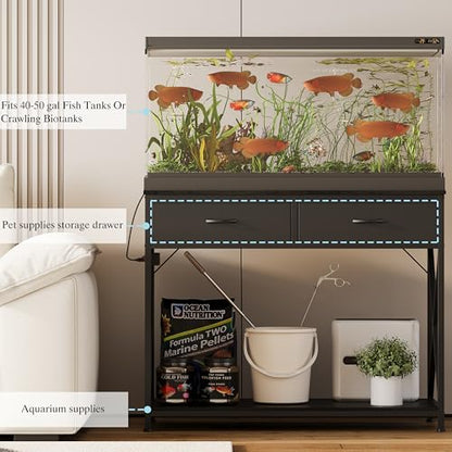 40-50 Gallon Fish Tank Stand，Aquarium Holder with Power Outlet and 2 Drawers，Heavy Duty Breeder Turtle Terrarium Stand Suitable for Turtle Tank, Reptile Terrarium, for Home Office (Black)