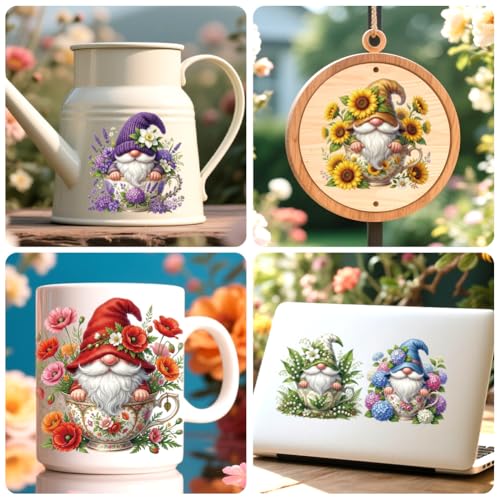 Peacoblue 18 Sheets Rub on Transfers for Crafts, Gnome with Flowers and Teacup 3.6"x3.9" UV DTF Cup Wraps Waterproof Cold Transfers Stickers for Wood Glass Metal Cup Tumblers Mirrors Mugs Home Decor - style: Gnome with Flowers and Teacup
