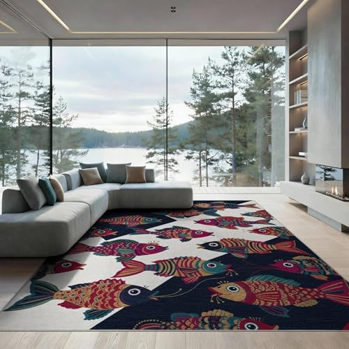 9'x12' Washable Graphic Fish Oversized Rug, Teal Non-Shedding Pet Friendly Carpet Foldable Easy Care Mat for Master Suite, California King, Under Bed | Ref:1885695