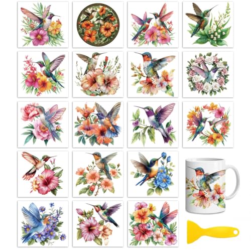 Peacoblue 18 Sheets Rub on Transfers for Crafts, Hummingbird 3.6"x3.9" UV DTF Cup Wraps Waterproof Rub on Cold Transfers Stickers for Wood Glass Metal Cup Tumblers Mirrors Mugs Home Decor - style: Hummingbird
