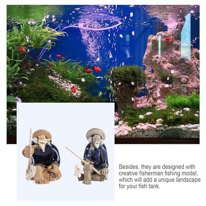 MERRYHAPY 2Pcs Fishing Bonsai Ceramic Fisherman Ornaments Aquarium Decorative Figurines Blue-Clothed Miniature Models for Freshwater Tank Landscaping Fish Tank Accessories