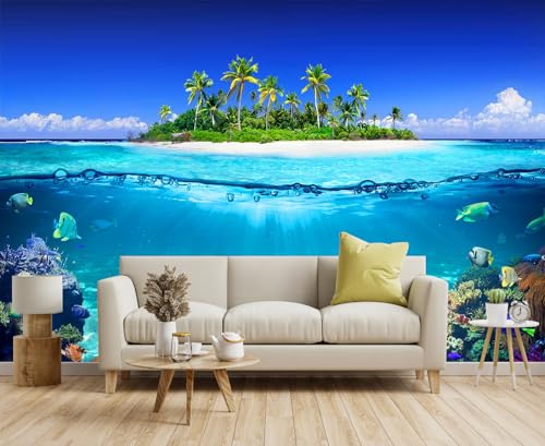 Tropical Islands and Coral Reefs, Waterline Split Landscape Mural, Beach Coconut Tree Wall Mural（Non-self-Adhesive） - color: Mural-207, size: 127" x 77"