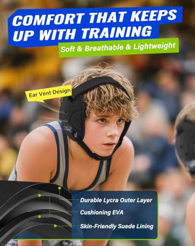 Trymaker Wrestling Headgear, Head Gear for Youth with Chin Cup & Pad - color: Black Headgear & Black Strap