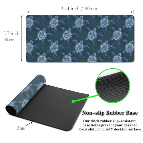 Computer Desk Mat Blue Mats, Gaming Mouse Pads Big Mouse Pad, Desk Pads Large Non-Slip Rubber Base Waterproof with Stitched Edges, 35.4 X 15.7 inch for Work/Game/Office/Home Turtle Pattern - color: Blue Turtle Pattern