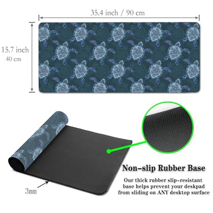 Computer Desk Mat Blue Mats, Gaming Mouse Pads Big Mouse Pad, Desk Pads Large Non-Slip Rubber Base Waterproof with Stitched Edges, 35.4 X 15.7 inch for Work/Game/Office/Home Turtle Pattern - color: Blue Turtle Pattern